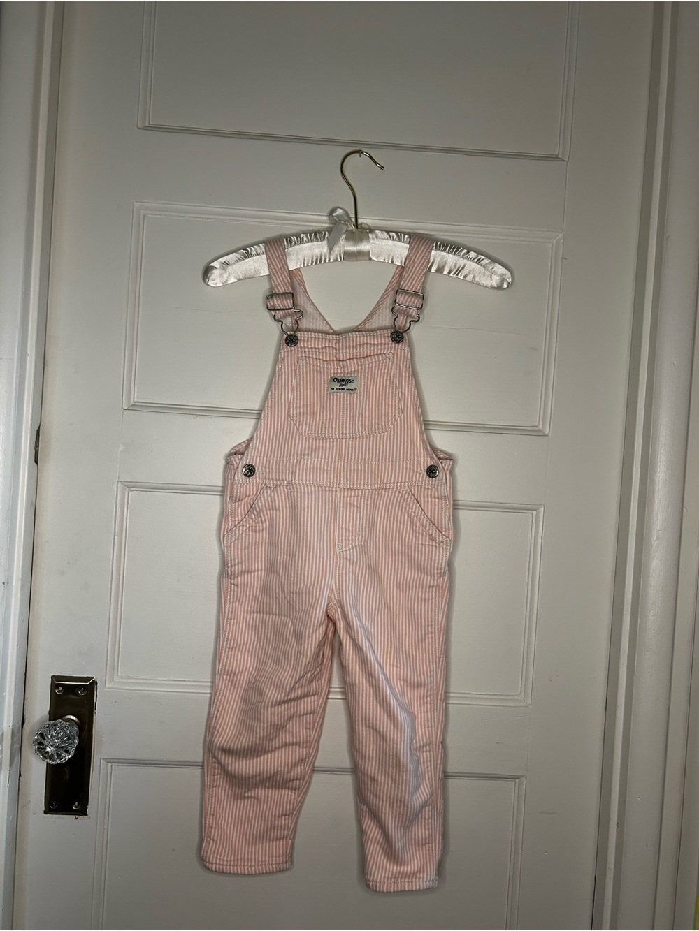 OshKosh B'gosh Toddler Girls 4T Pink White Striped Denim Overalls Long Pants